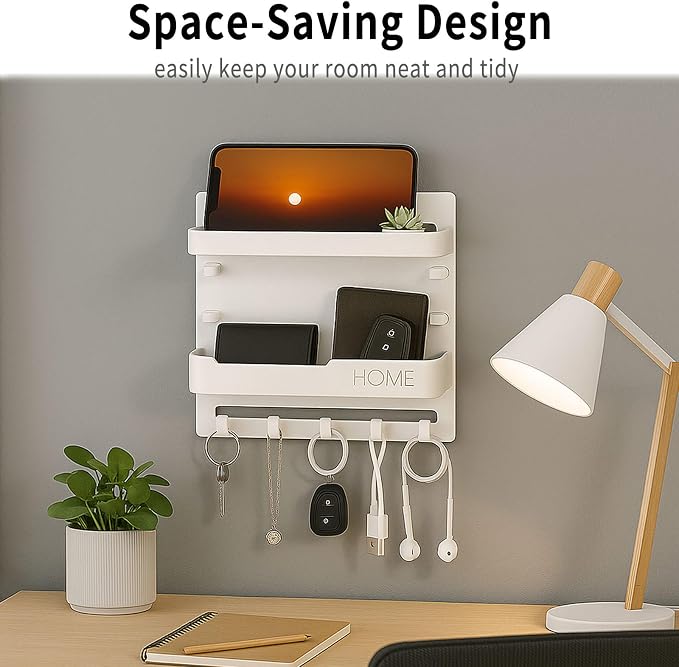 Adhesive Bedside Wall Shelf Organizer with 5 Hooks and Cable Clips, Plastic Wall Storage Holder for Phone, Remote Control, Earphone, Kindle, Keys – Bedroom, Dorm, RV (Black) - Image 3