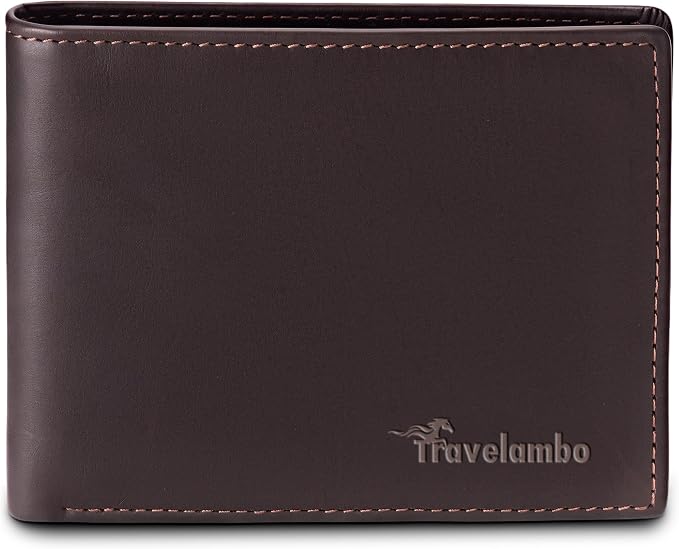 Travelambo Leather Wallet for Men, Slim Minimalist RFID Credit Card Holder | Mens Thin Bifold Pocket Wallet, Gift for Father, Brown by Travelambo
