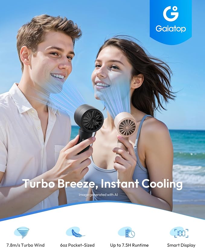 Gaiatop Small Handheld Personal Fan, Powerful High Speed Turbo Cooling | USB Rechargeable Mini Portable Fan for Travel, Outdoor Essentials, Summer Gifts for Women Girls, Black - Image 3