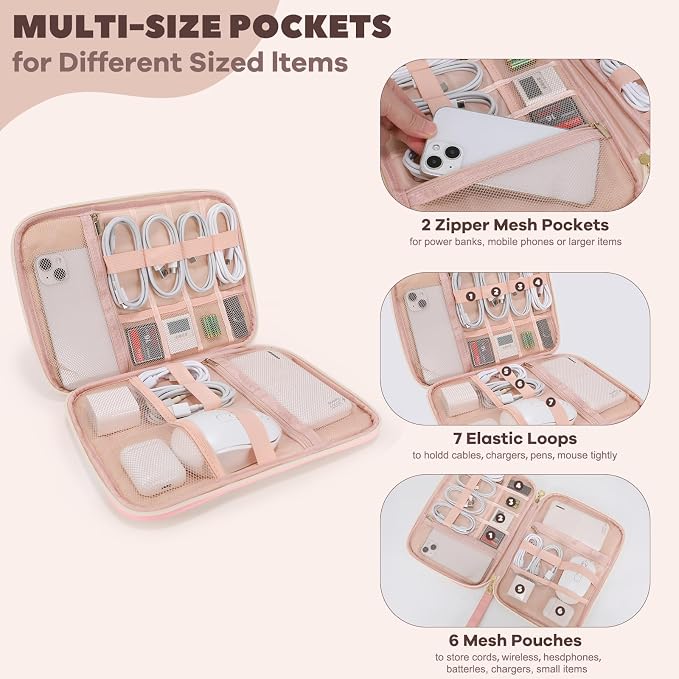 Electronics Organizer Travel Case, Charger Bag Cord Organizer Travel, Compact Tech Pouch Cable Organizer Bag for Charger, Cords, Phone, Headphones, Flash Drive, SD Card (Pink, Large-Single Layer) - Image 2