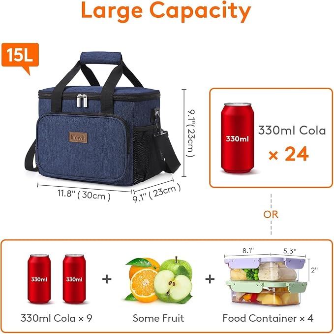 Lifewit Large Lunch Bag, Insulated Lunch Box, Soft Cooler Cooling Tote for Adult Men Women, Dark Blue 24-Can (15L) - Image 3