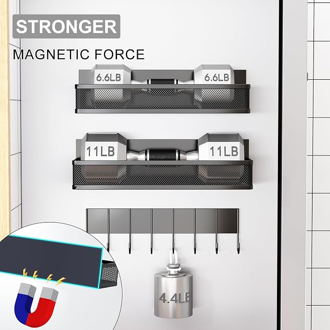 Aufworld Magnetic Spice Rack for Refrigerator, 5 Pack Magnetic Shelf, Moveable Magnetic Fridge Organizer with an 8-Hook Rack, Seasoning Organizer for Kitchen Organization (Extra with 8 Hooks) - Image 3