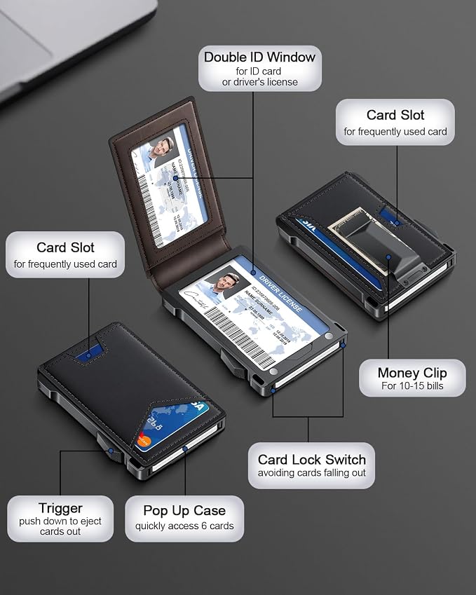 Wallet for Men RFID Wallet with 2 ID Windows & Money Clip, Slim Pop Up Card Holder for 10-12 Cards, Bifold Minimalist Smart Wallet for Front Pocket, Compact Metal Credit Card Holder, Gifts for Men - Image 6