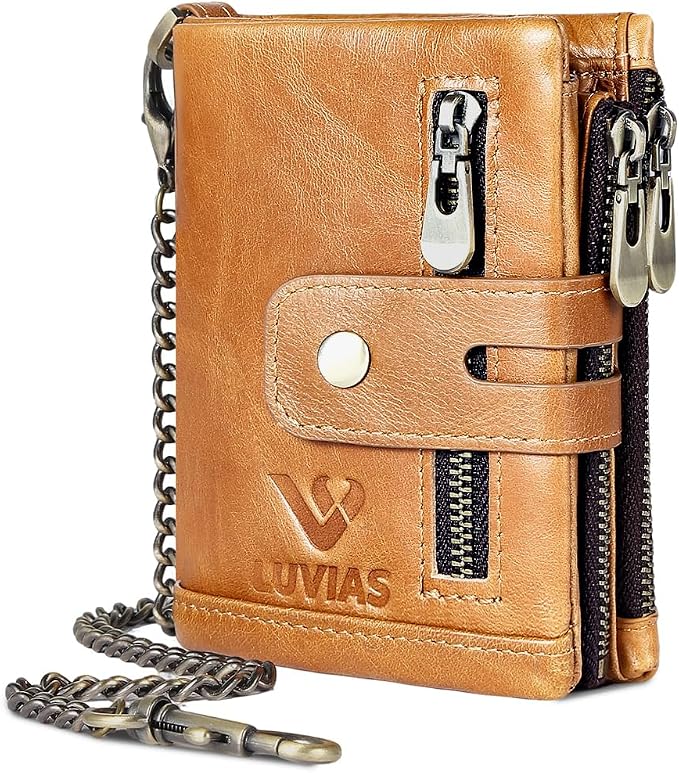 Anti-Theft Mens Wallet with Chain Genuine Leather ID Window Purse with RFID Blocking Bifold Double Zipper Coin Pocket with Gift Box by Unknown