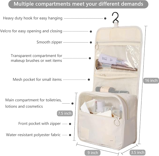 Hanging Travel Toiletry Bag for Women, Water-resistant Makeup Bag Cosmetic Organizer for Traveling Accessories Toiletries (Beige) - Image 2