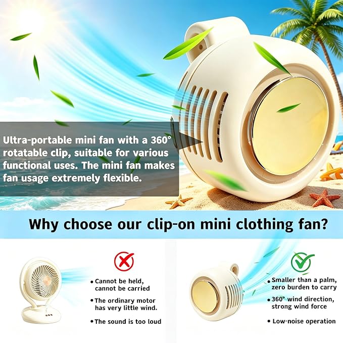Portable Silent Clip-On Bladeless Personal Fan, Wearable Waist & Neck Fan, 360° Rotation, 3 Speeds, USB-C Rechargeable, Compact & Lightweight, Hands-Free Cooling for Travel, Office & Outdoor (White) - Image 7