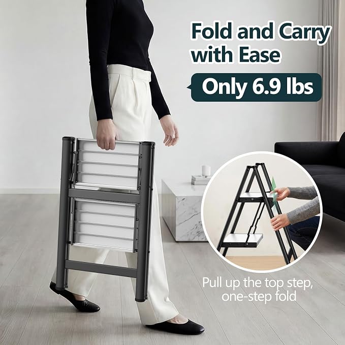 2 Step Ladder, Foldable Step Stool, 300lbs Load, Black & White | Folded 27''H x 3''T; Net 6.9 lbs; Rigid Aluminum Steps; No Assembly; For Home, Kitchen, Office, Pantry, Closets, Cabinets - Image 3