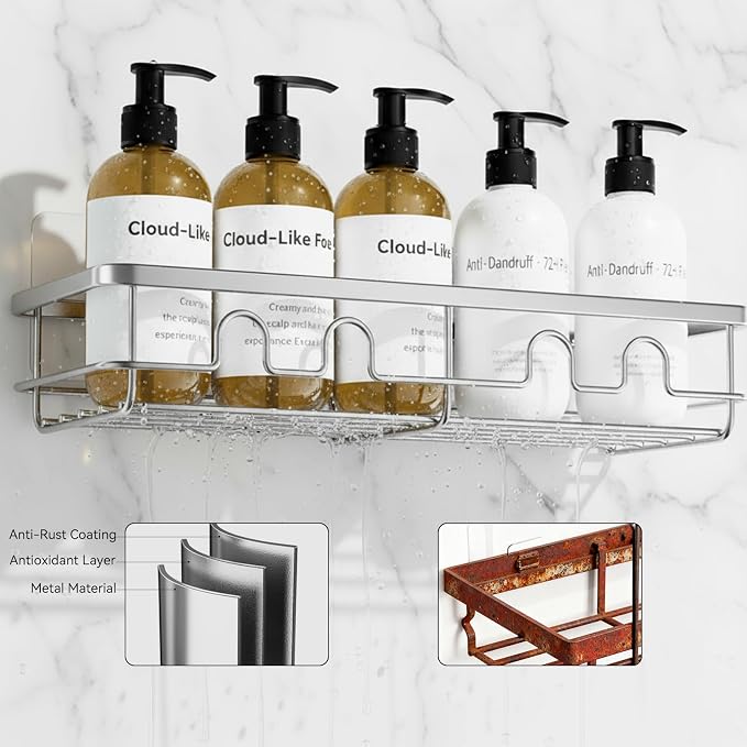 Adhesive Shower Caddy, Large Capacity Shower Racks for Inside Shower, No Drill Bathroom Shower Organizer and Storage, 2 Pack Silver Bathroom Shelves, Home Decor Rv Accessories, Apartment - Image 3