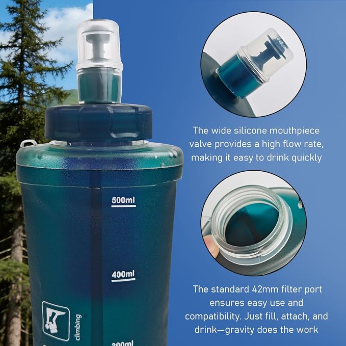 500ML Collapsible Water Bottle with Filter for Hiking, Camping & Travel - TPU Soft Flask, 0.1 Micrometer Hollow Fiber Membrane for Clearer, Better Tasting Outdoor Water(Hunter Green) - Image 4