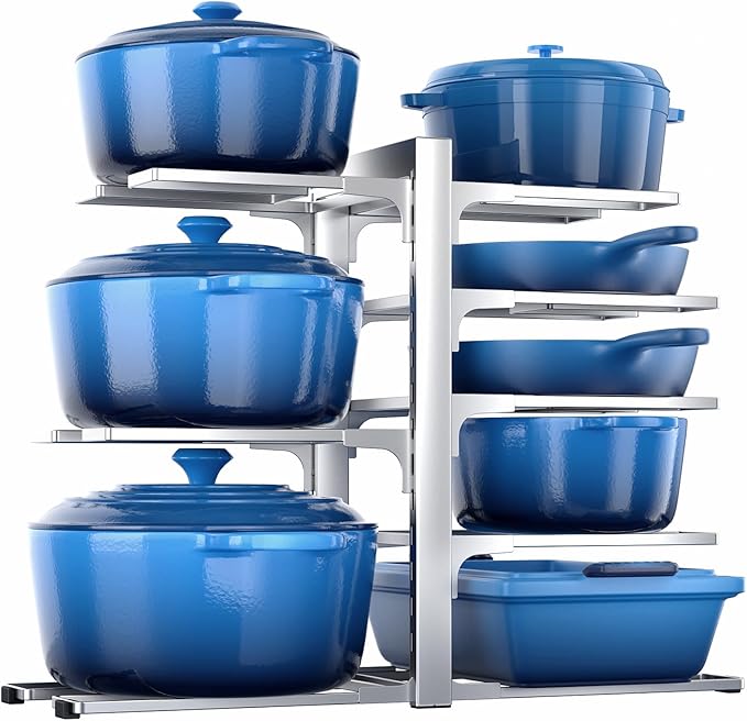 Pots and Pans Organizer Under Cabinet 15.8" 8-Tier Adjustable Silver | 2 DIY Modes, Tool-Free Assembly, Max 120 Lbs, Fits Cast Iron Pans, Dutch Ovens & Heavy Cookware, For Kitchen Cabinets by ORDORA