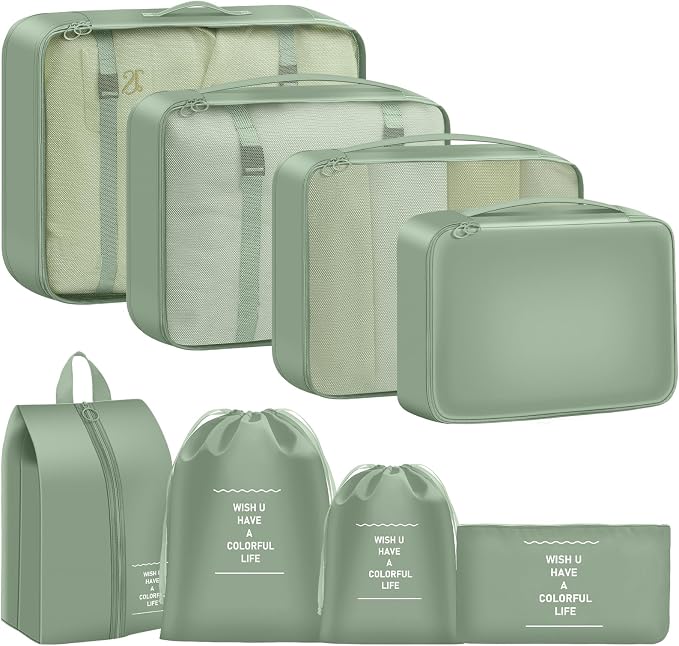 Packing Cubes for Travel- 8 Set Luggage Organizer Bags for Family, Mesh Breathable Travel Packing Cubes for Suitcases Durable Travel Essentials Bags Set (Matcha Green, 8 Set) by YEEYAA