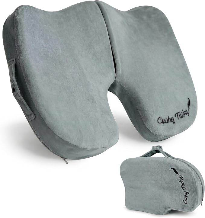 Premium Slim Foldable Travel Seat Cushion - for Relief of Lower Back, Sciatic, Butt and Tailbone Pain - for Home & Office Use, Perfect for Travel or Driving - Slim Coccyx Seat Cushion by CushyTushy