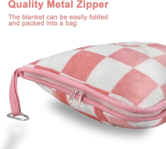 Travel Blanket and Pillow Compact, Premium Soft 2 in 1 Airplane Blanket with Soft Bag Pillowcase，Hand Luggage Sleeve and Backpack Clip (Ckeckered Pink) - Image 4