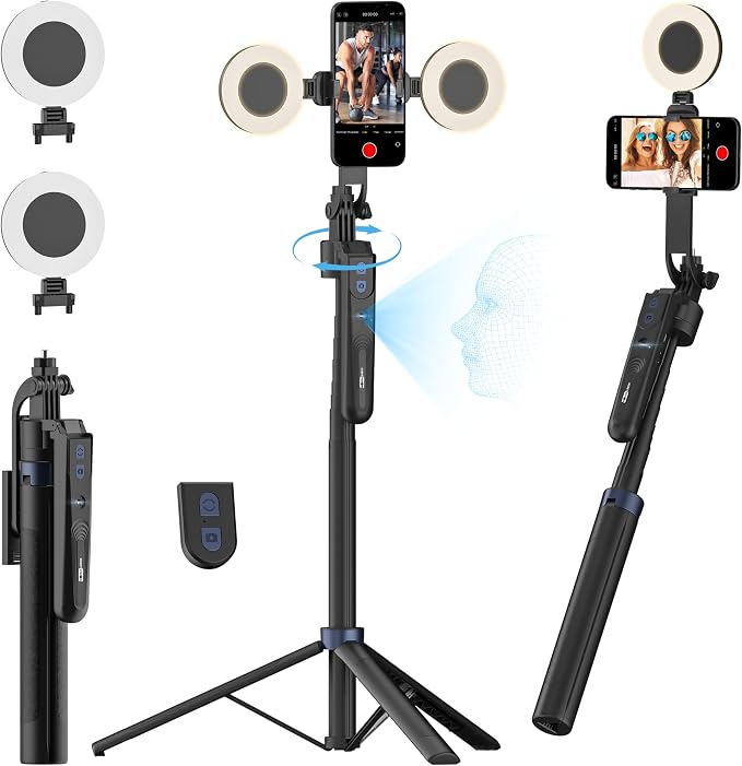 70.9" Auto Face Tracking Tripod 360° Rotation w/Light(UTK-02) | Phone Tripod for iPhone & Android,No App Needed,w/ Remote Control,Gesture Control,LED Light,1/4"Screw Mount,Video Recording by USKEYVISION