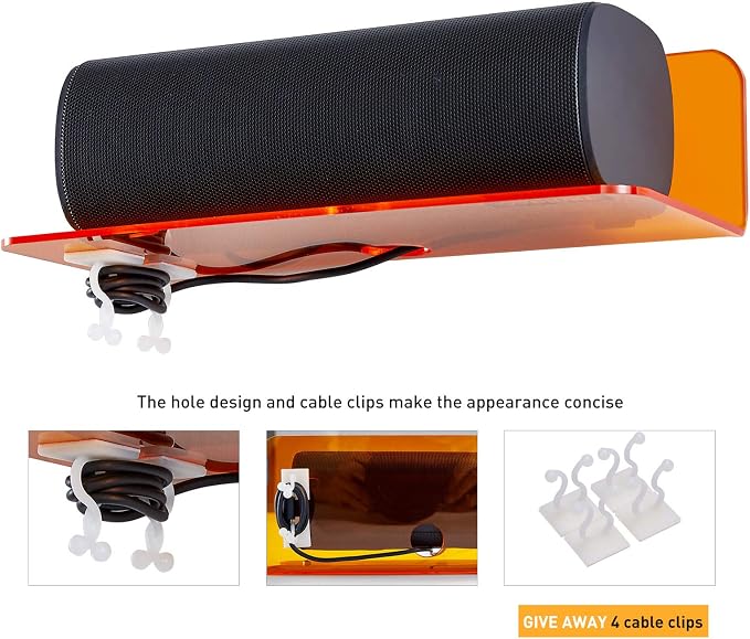 OAPRIRE Small Acrylic Floating Wall Shelves Set of 2, Flexible Use of Wall Space, 9 Inch Adhesive Display Shelf for Security Cameras/Smart Speaker/Action Figures, with Cable Clips - Clear Orange | Strong Tape Adhesive Wall Shelf, Easy Installation, Hol... - Image 5