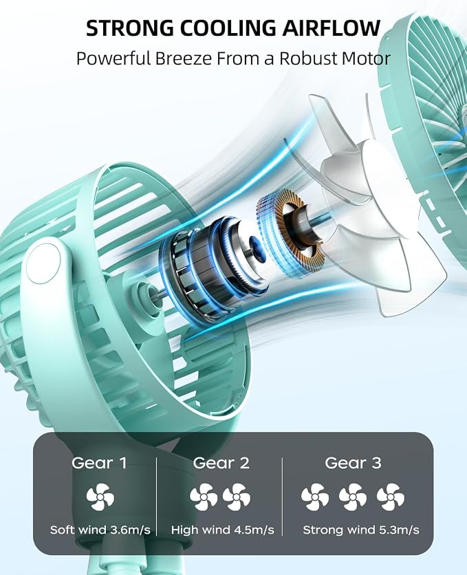 Portable Stroller Mini Fan, Small Rechargeable Personal Fan, Travel Essentials for Baby, Wagon, Car Seat, Treadmill, Battery Powered Biking Gear Accessories, 360° Rotation, 3-Speed, Display, Aqua - Image 3