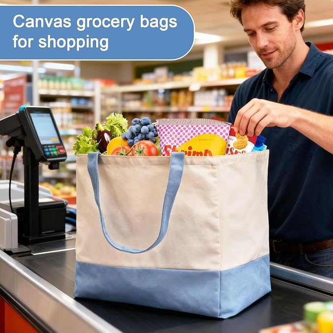Reusable Grocery Bags Heavy Duty, 8.3 gal Foldable Large Canvas Tote Bag with Handles, Holds 60 lbs Canvas Shopping Bags, 3 Pack（Off White+Light Blue） - Image 2
