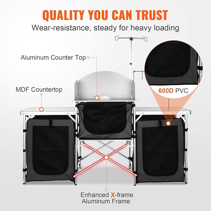 VEVOR Camping Kitchen Table, Folding Outdoor Cooking Table with Storage Carrying Bag, Aluminum Cook Station 3 Cupboard & Detachable Windscreen, Quick Set-up for Picnics, BBQ, RV Traveling, Black | Portable Lightweight Setup, Storage Pockets, Sturdy Cor... - Image 7