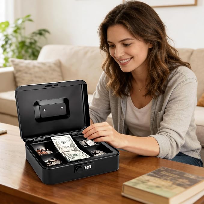 Jssmst Large Cash Box with Combination Lock – Durable Metal Cash Box with Money Tray Black(9.8 x 7.9 x 3.5), SM-CB07001L - Image 7