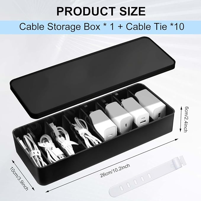 Tatuo 1 Pcs Cord Organizer for Drawer Desktop, Cable Organizer Box with 8 Compartments and Wire Ties, Plastic Charger Storage with Lid, Electronics Case for Home Office Accessories (Small,Black) - Image 2