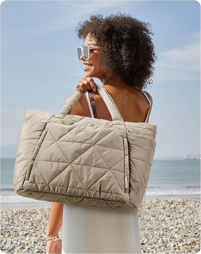 BAGSMART Tote Bag for Women, Puffer Tote Bag with Zipper, Large Quilted Shoulder Bag with Compartments for Travel, Work, Gym - Image 3
