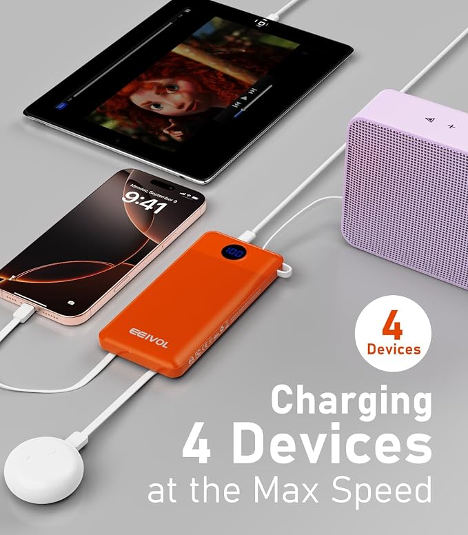 Portable Charger with Built in Cables, Slim 10000mAh Power Bank, USB C Battery Pack Travel, 4 Output 2 Input External Charging Bank for iPhone 17/16/15/14/13,Samsung, Android, etc-Orange(1 Pack) - Image 2