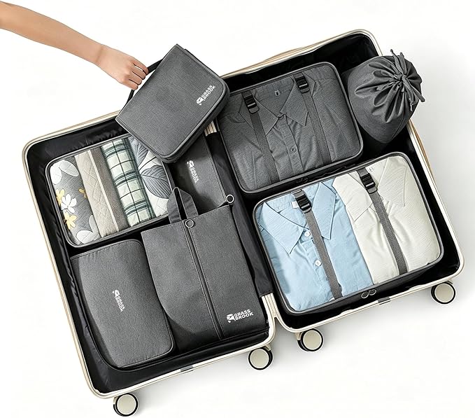 8 Set Packing Cubes for Travel Essentials With Hanging Toiletry Bag for Women, Lightweight Suitcase Organizer Bags with Mackup bag, Carry-On Luggage Accessories (Gray) - Image 4