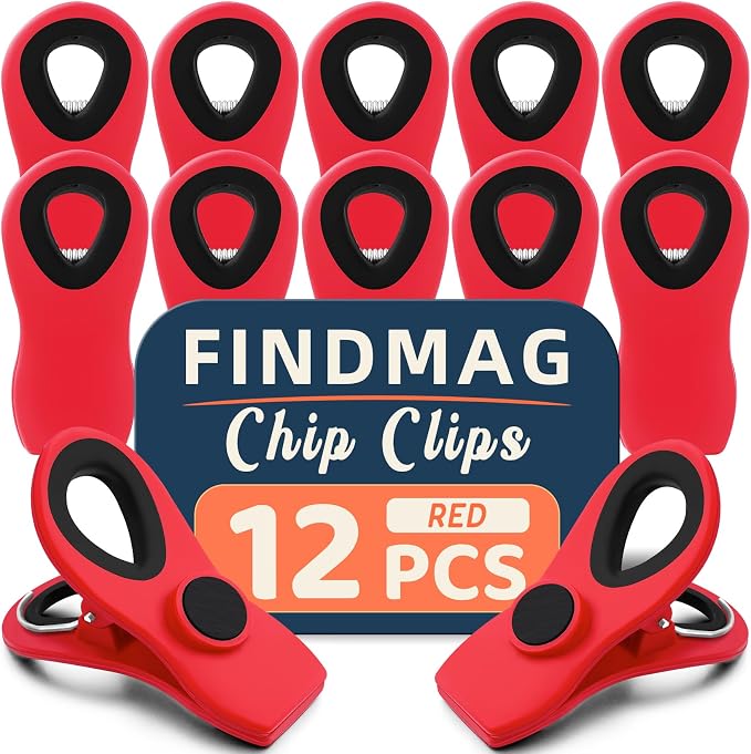 12 Pack Chip Clips, Magnetic Clips for Chips and Other Food Bags | Chip Clips Heavy Duty for Kitchen Food, Snack, Fridge, Office, Cloth Pins, with Airtight Seal Grip, Strong Hold Design, Red by FINDMAG