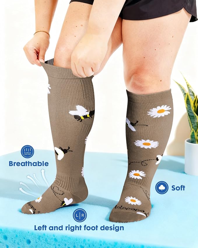 3-Pair Wide Calf Compression Socks for Women | 20-30mmHg Graduated Support, Easy On & Off, Knee High Length, Ankle Support, Travel Nurse Daily Wear, Cute Patterned - Image 2
