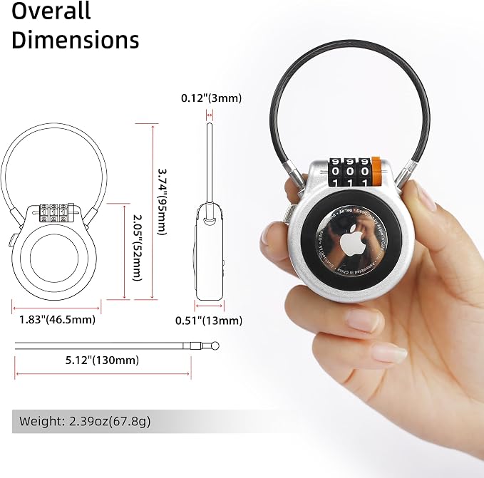 AirTag Holder with Combination Cable Lock, Compatible with Apple Air Tag, AirTag Holder for Kids Backpack, Luggage, Suitcase, Stroller, Car Key, Keychain, GPS Tracking Device Air Tag Case - Image 2