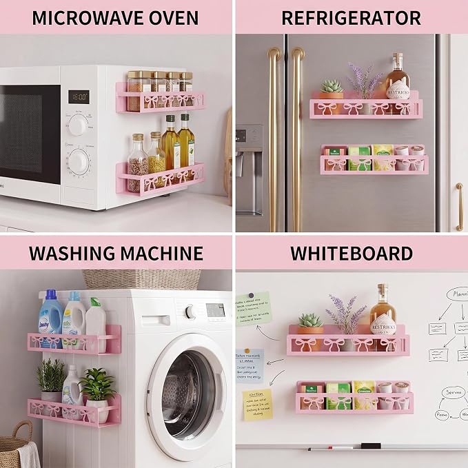 Beeveer 2 Pcs Magnetic Spice Rack for Refrigerator, Pink Bow | Magnetic, No Drilling, Pink Bow Kitchen Decor, Pink Home Accessories, 2 Sizes Metal Storage Shelf for Fridge Spices - Image 6