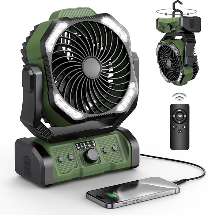 Portable Rechargeable Camping Fan 20000mAh Cordless Battery Powered Fans | with LED Lantern, Remote Auto Oscillating USB C Operated Table Ventilador for Travel Picnic Barbecue Outdoor Tent by Unknown