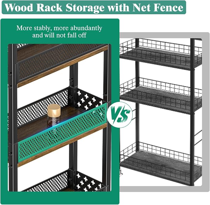 4-Tier Rolling Slim Storage Cart Kitchen Bathroom Laundry Organizer | 5.9"wide, wood rack tier, with 3 hooks, carbon steel, suitable for compact spaces, 360° swivel wheels with brakes, black - Image 4