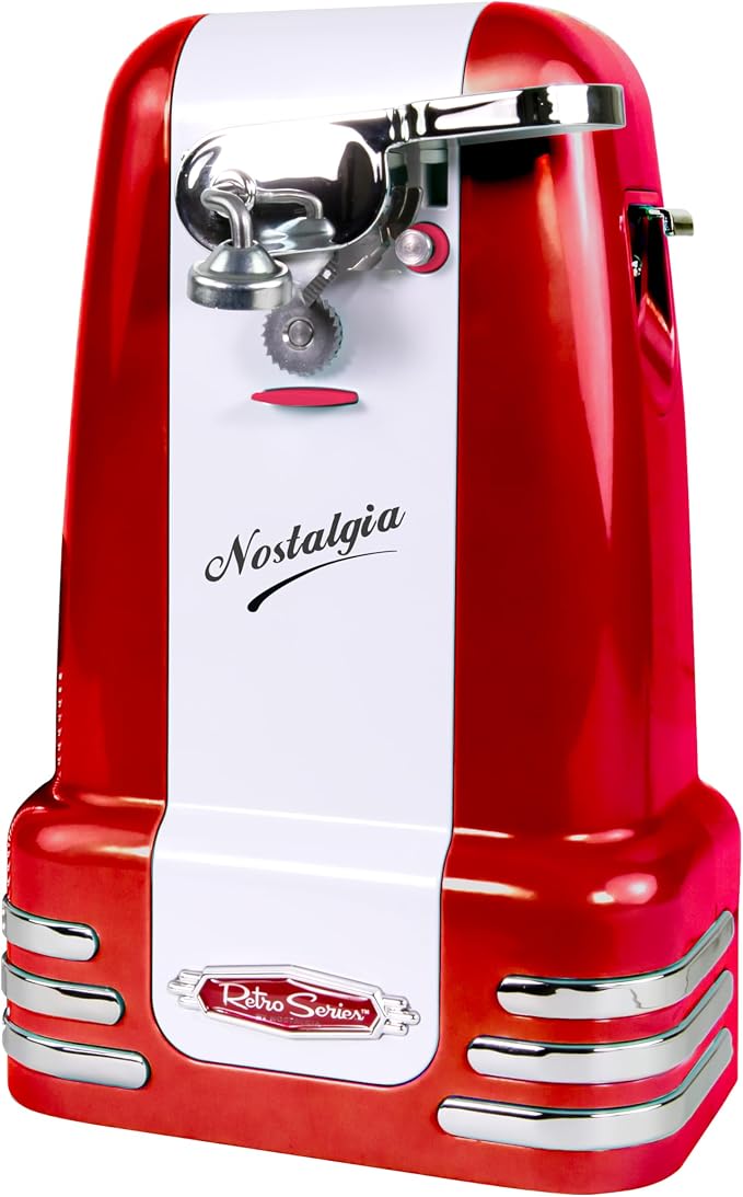 Nostalgia Retro Electric Can Opener for Kitchen with Magnetic Lid Remover, Knife Sharpener, and Soda or Beer Bottle Opener, Red by Nostalgia