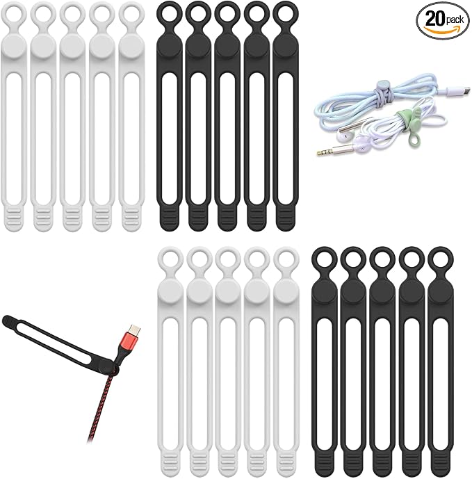 UMUST 20Pcs Silicone Cable Ties, Cable Management Cord Organizer WhiteBlack | Reusable Cord Ties, Cable Strap Tie for Bundling Electronics Wire,Home Office Travel Essentials Accessories 4.2inch by ELECTRONICACCESSORIES