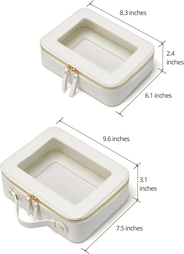 Clear Toiletry Bag 2 Pack, Travel Makeup Bag Medium and Large White | Structured Clear Cosmetic Case with Zipper, Car Essential Organizer Bag for Women, Waterproof PU Leather, Wide Open Portable - Image 2
