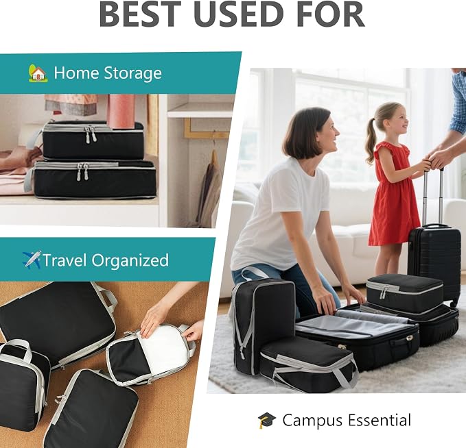 Compression Packing Cubes for Travel, 4 Set Expandable Packing Organizers, Lightweight Luggage Organizer Bags, Travel Essentials for Carry on, Handy Helper for Organizing Clothes，Black - Image 7