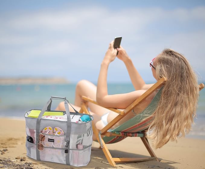 KABAQOO Mesh Beach Bag, Extra Large Beach Bags with 9 Pockets & Zipper Waterproof Lightweight Beach Tote for Beach/Pool Trip - Image 2
