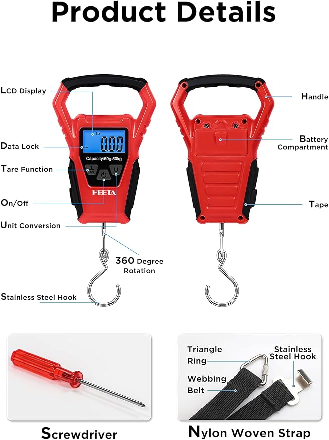 HEETA Waterproof Fish Scale Digital Hanging Fishing Luggage Weight Scale | Up 110lb/50kg Portable Scale with Backlit LCD Display, for Home & Outdoor, Measuring Tape and 2 AAA Batteries Included - Image 3