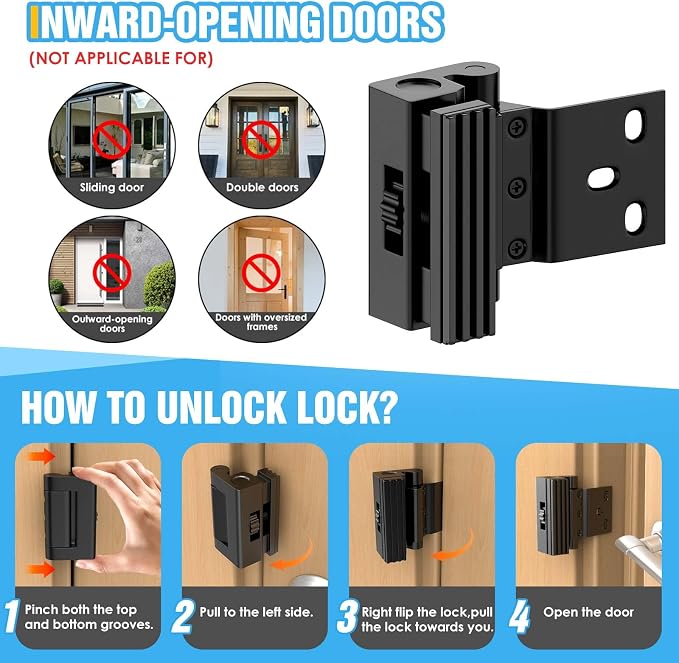Upgraded Portable Door Lock for Travel & Home - No Drill Anti-Kick Door Reinforcement Lock with 800lbs Strength, Fits Inward Swing Doors, Black - Image 5