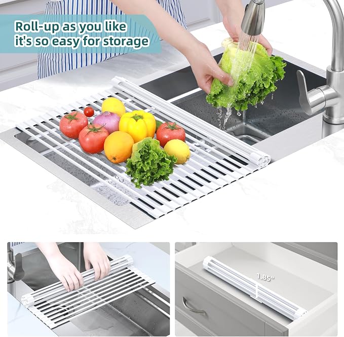 Ohuhu Over Sink Dish Drying Rack, 17.6" W x 15.4" L Roll Up Dish Racks Kitchen Sink Organizer Silicone Wrapped Large in Sink Dish Drying Rack Foldable Rolling Drain Mats Anti-Slip - Image 6