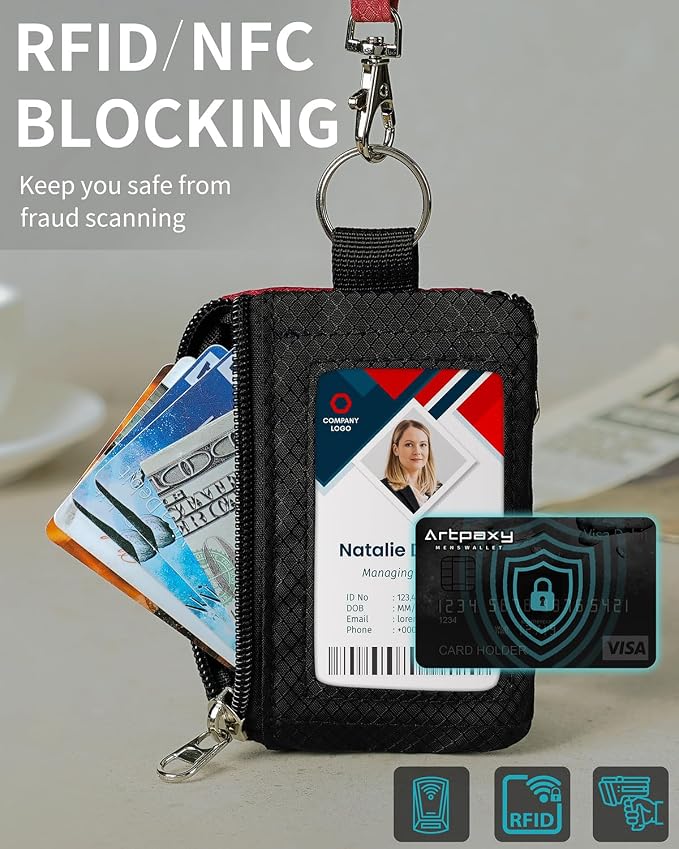 Artpaxy Minimalist Wallet For Mens Womens, Keychain RFID Blocking Zipper Small Wallet with ID Window 2 Lanyards,Water Resistant Travel Cash Card Coin Case Boys Girls - Image 4