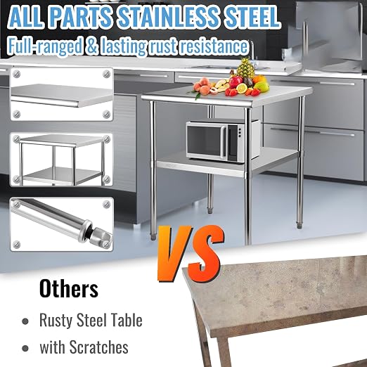 VEVOR Stainless Steel Prep Table, 30 x 30 x 36 Inch, 800lbs Load Capacity Heavy Duty Metal Worktable with Adjustable Undershelf & Feet, Commercial Workstation for Kitchen Garage Restaurant Backyard - Image 5