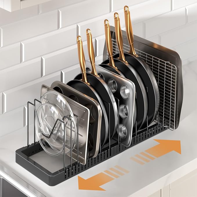 Pots and Pans Organizer under Cabinet, Expandable Pot Lid Organizer Holder with 12 Adjustable Compartment, Pan Organizers inside Cabinet for Lids, Bakeware, Kitchen Storage Pot Rack, Black - Image 8