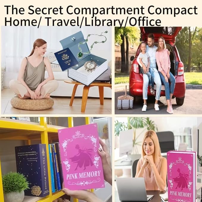 Book Safe with Key Lock - Hidden Compartment Security Box for Cash, Jewelry & Passports | Portable Steel Lockbox for Home, Office, Travel | 9.5"x6.2"x2.2" | Cosmetic Bag Included(Pink Memory) - Image 9