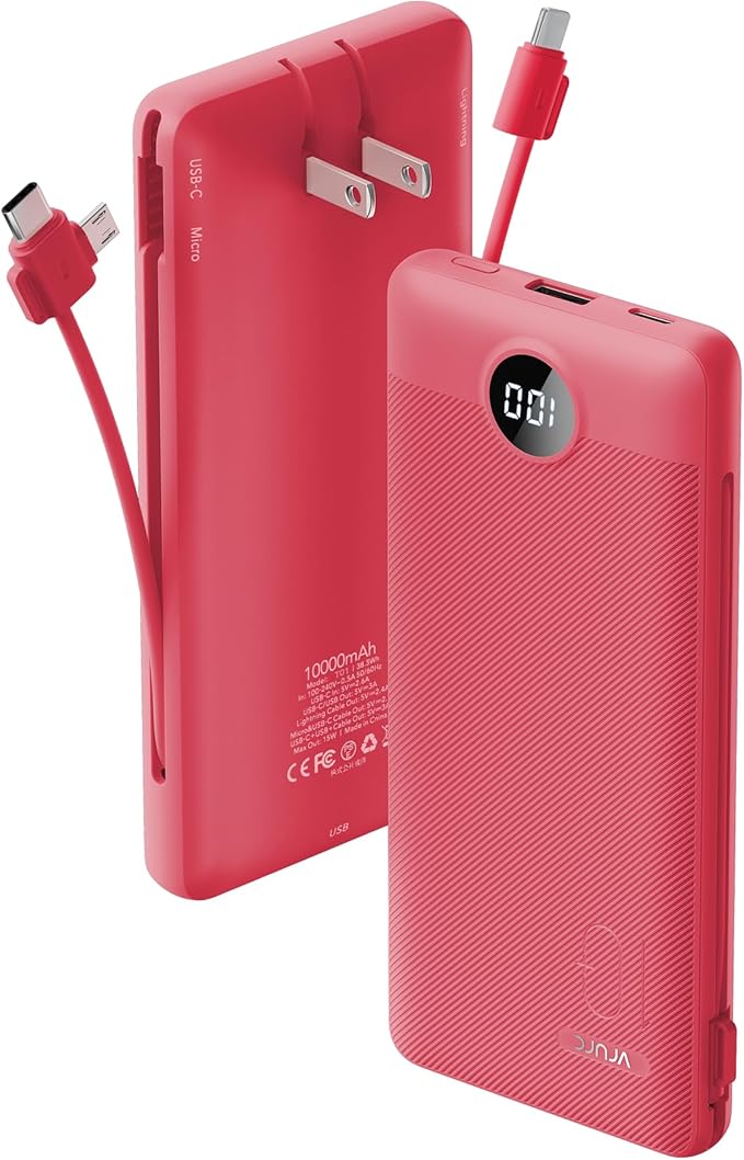 Portable Charger Built-in Cables and AC Wall Plug, VRURC USB C Power Bank 10000mAh, Travel Battery Portable Phone Charger Compact Lightweight External Battery Pack for SmartPhones,Tablets-Viva Magenta by Home