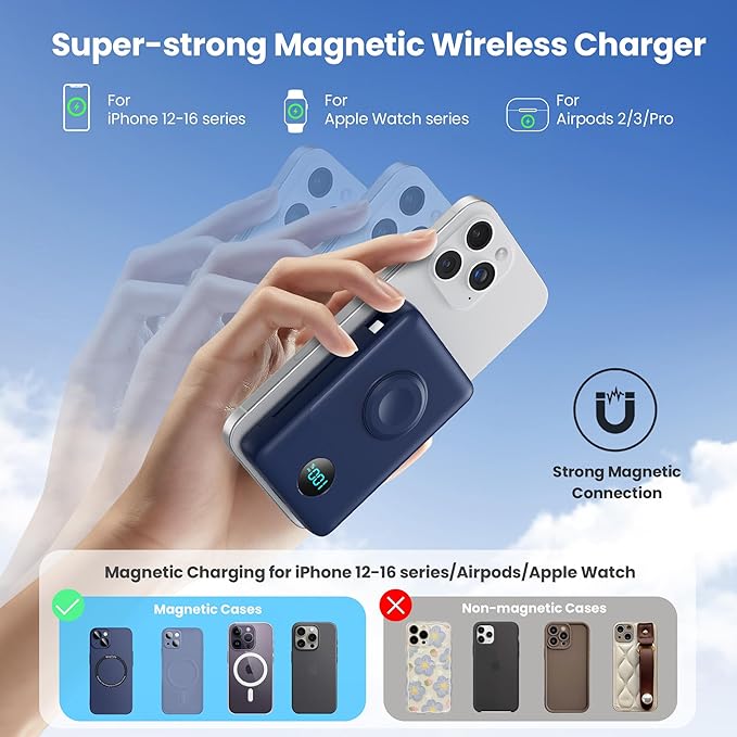 Magnetic Portable Charger 10800mAh with Built-in Cables,Wireless Power Bank for Magsafe,25W PD Fast Charging USB-C Travel Essentials Battery Pack for iPhone 17/16/15/14/13/12 Series,Apple Watch-Blue - Image 5