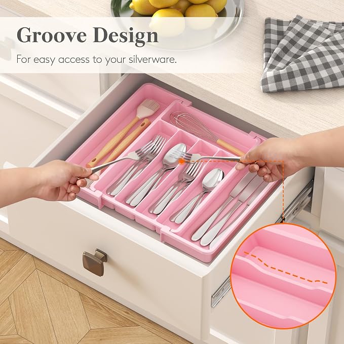 Lifewit Expandable Silverware Drawer Organizer, Kitchen Utensil Tray | BPA-free Plastic Flatware Cutlery Holder, Space-Saving Storage for Spoons Forks Knives, 8.5-14 x 12 x 1.5“, Pink - Image 7