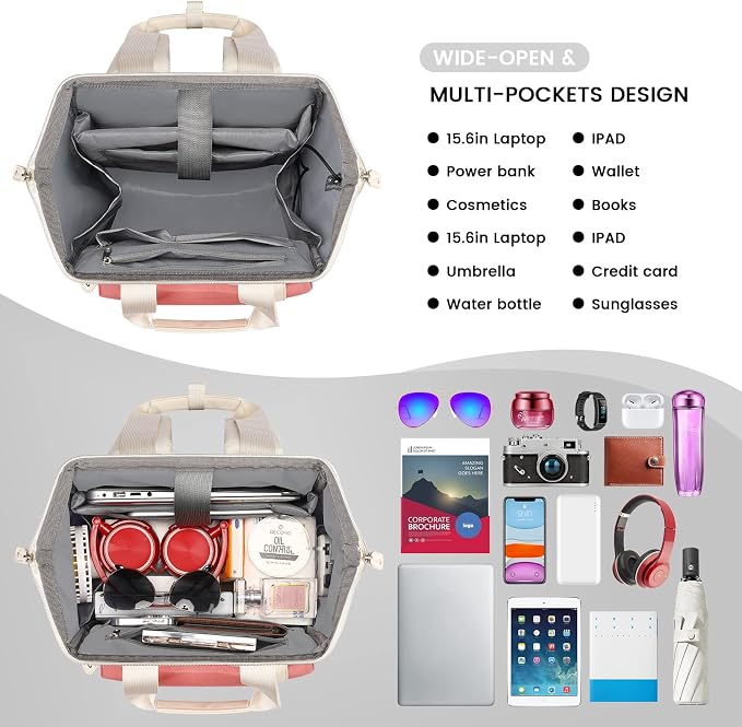 FALANKO Laptop Backpack for Women,Teacher Doctor Nurse Work Purse Bag for 15.6 Inch Laptop, Wide Open backpack With RFID Pocket, Large Water Resistant Travel Backpack White-Pink - Image 2