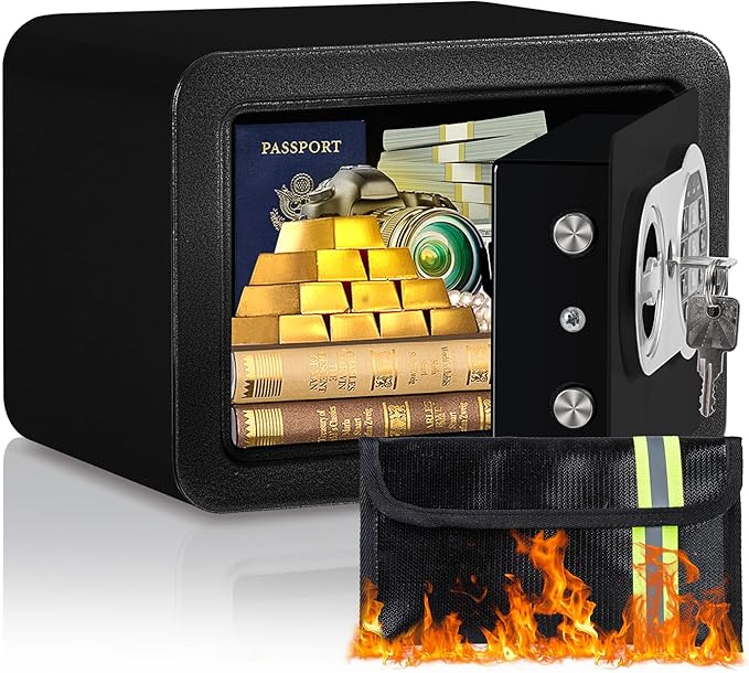 0.23 Cubic Feet Safe Box, Small Safe W/Fireproof Bag, Keys & Pass Code, Digital Electronic Security Money Box for Cash, Document, Home, Office, Hotel Use, Black, 6.69"D x 9.06"W x 6.69"H by LockworthdedicatedtoSafe
